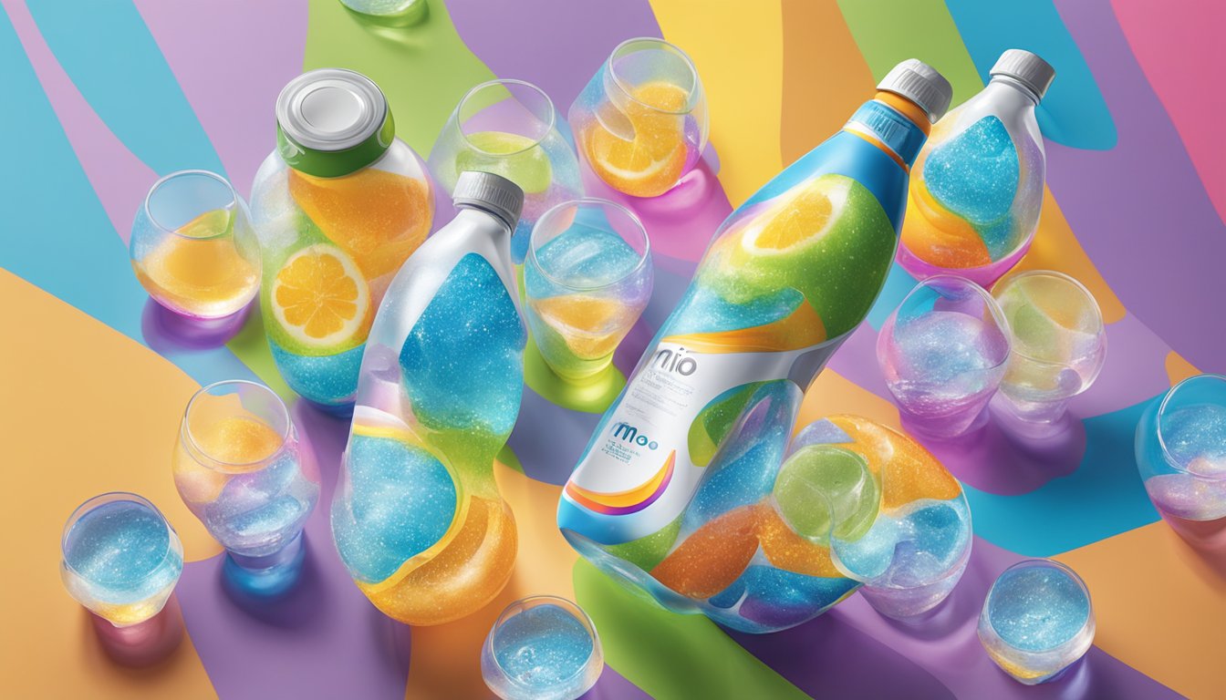 A bottle of Mio liquid water enhancer surrounded by multiple empty glasses, overflowing with brightly colored liquid