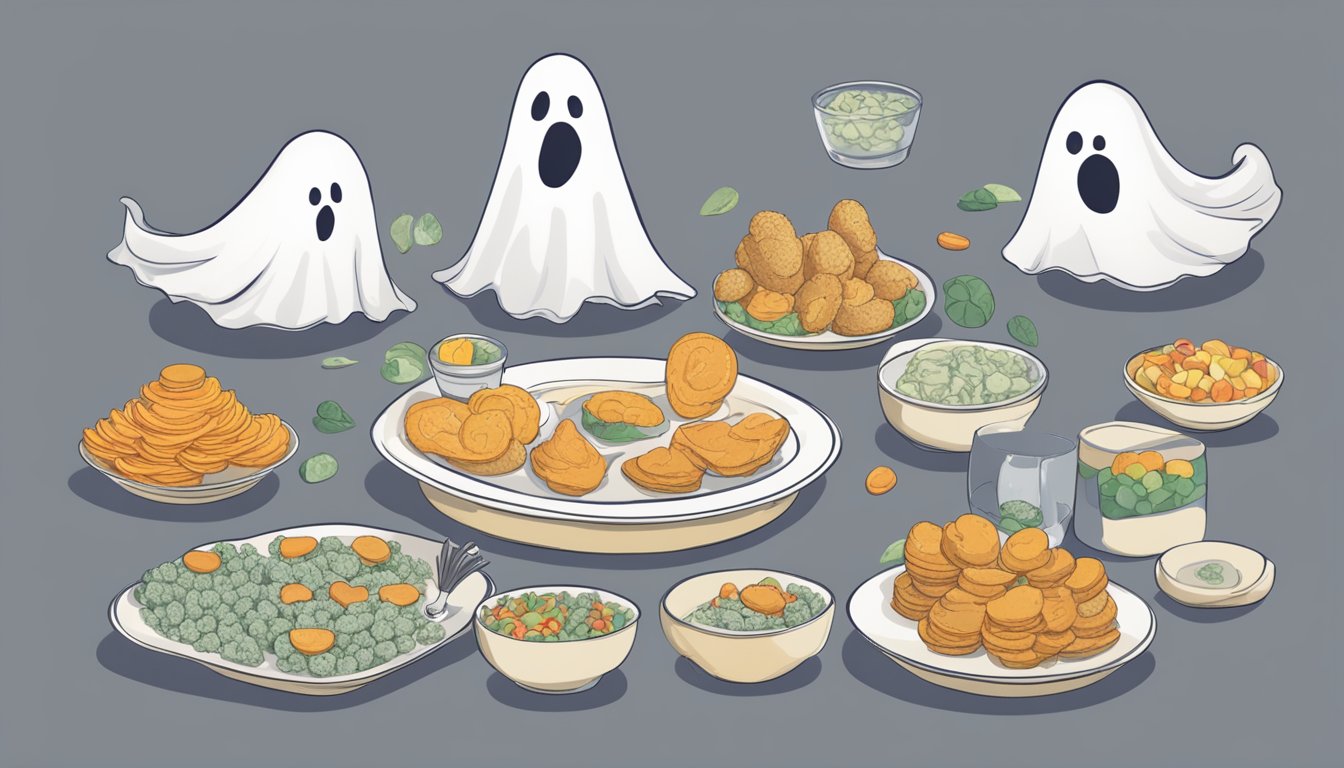 A table with multiple plates of ghost-shaped food, some partially eaten. A nutrition label shows serving sizes