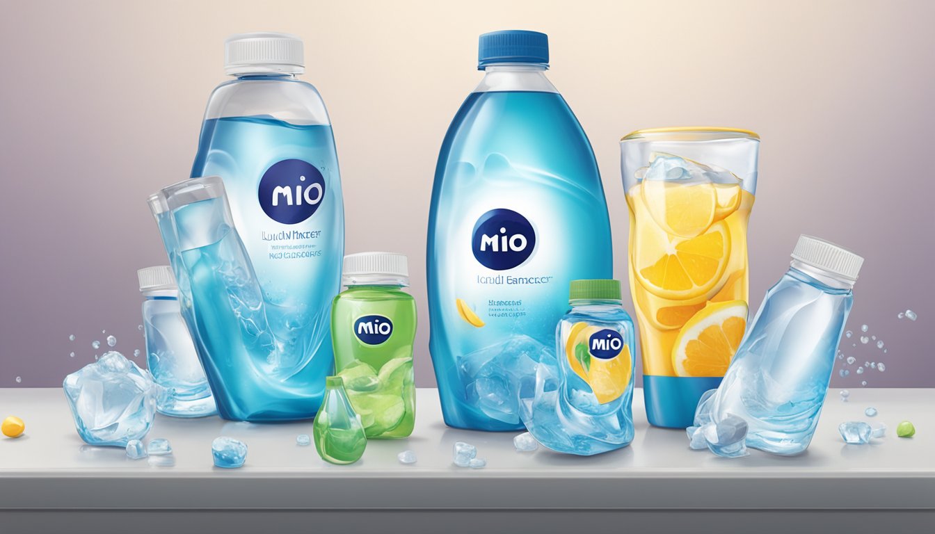 A table with multiple empty and partially used Mio liquid water enhancer bottles scattered around, alongside a filled glass with excessive amounts of the enhancer poured in