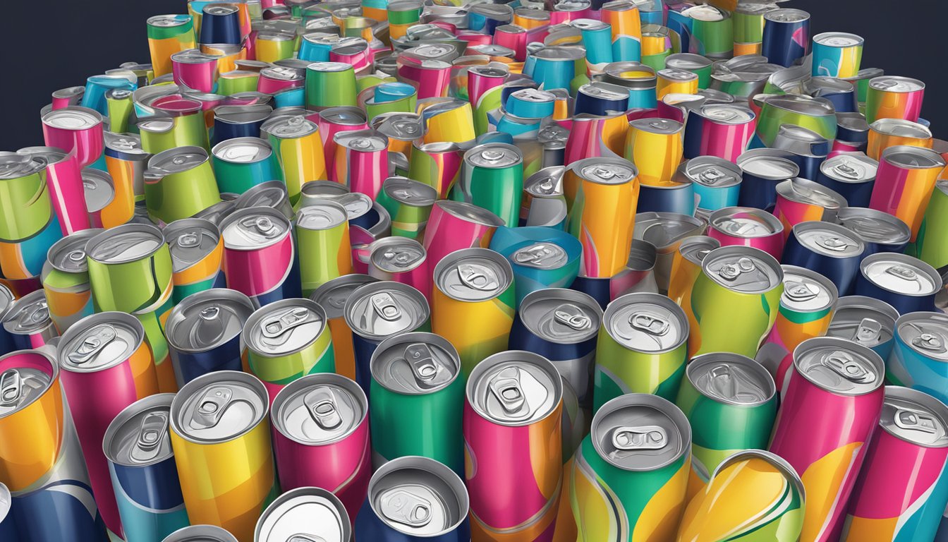 A table cluttered with empty energy drink cans, surrounded by jittery, wide-eyed figures