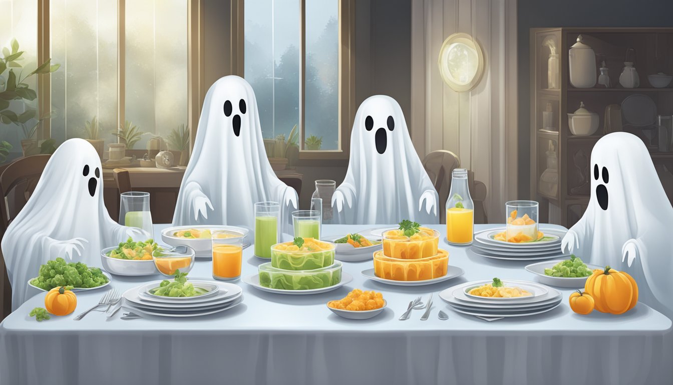 A table set with multiple transparent ghost figures, each with a serving size label