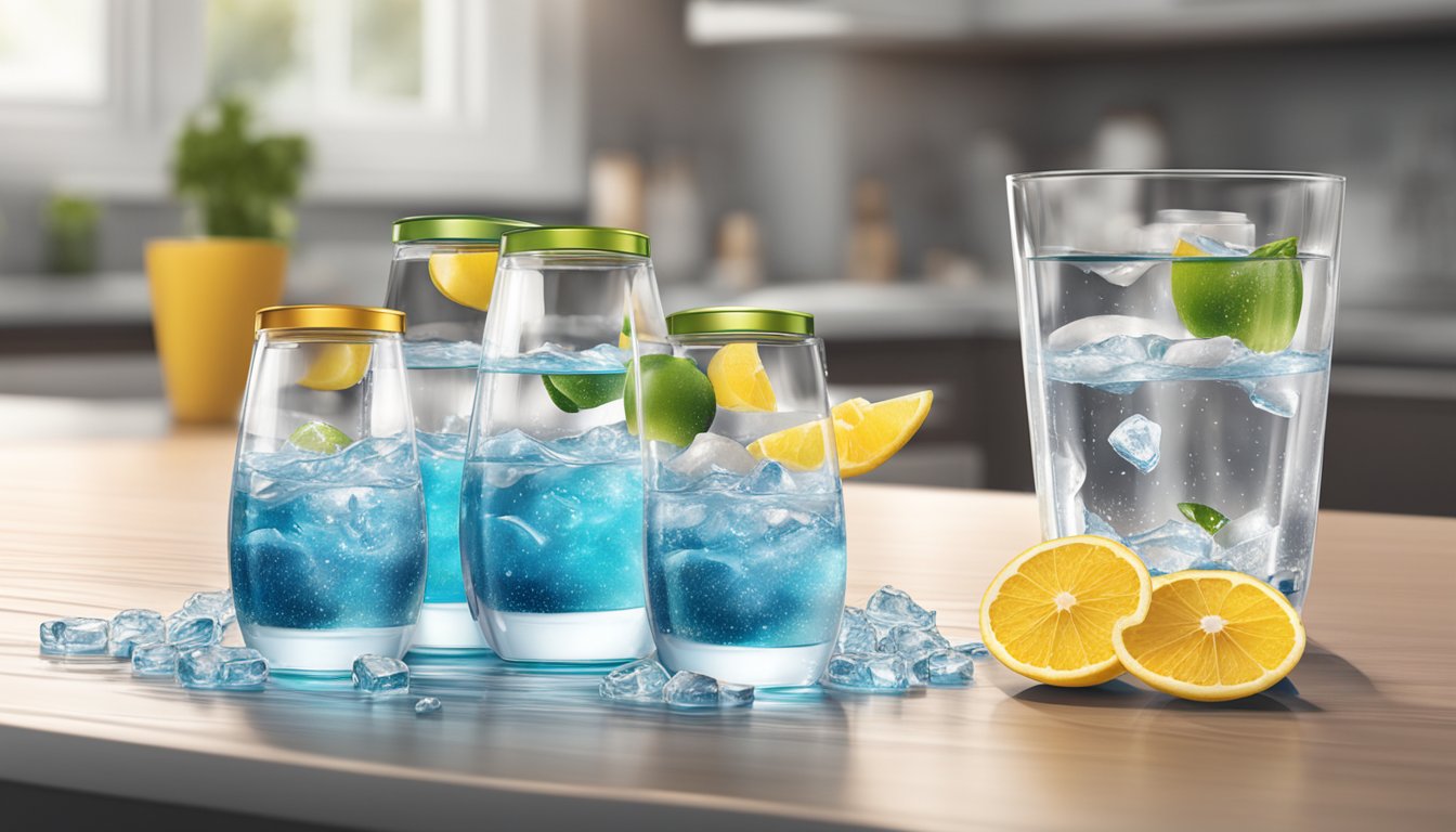 A table with multiple empty bottles of Mio liquid water enhancer, surrounded by overflowing glasses of water