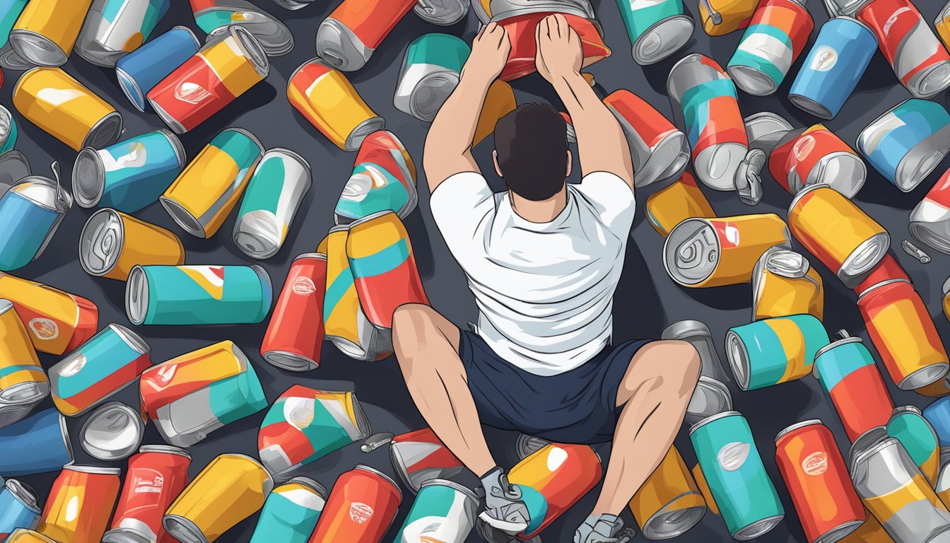 A person surrounded by empty Adrenaline Shoc cans, exercising excessively