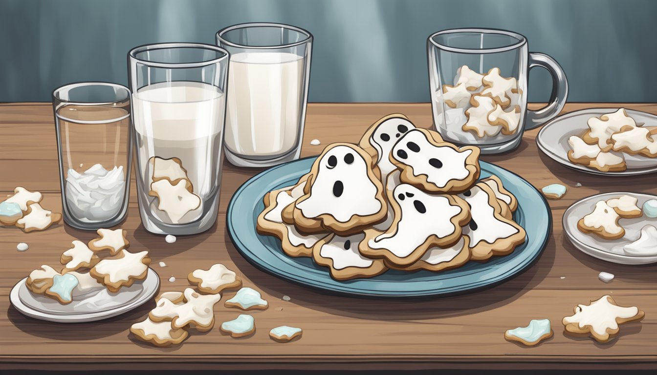 A table with an overflowing plate of ghost-shaped cookies, surrounded by empty milk glasses and crumpled napkins