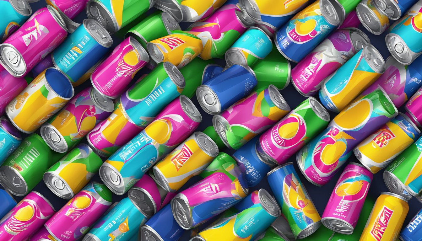 A group of colorful energy drink cans arranged in a pyramid on a sleek, modern countertop. A few cans are open, with fizzing liquid spilling over the edges