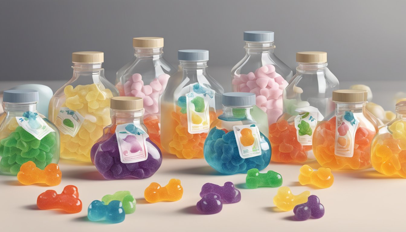 A transparent bottle of ghost-shaped gummies spills onto a table, surrounded by scattered ingredient labels