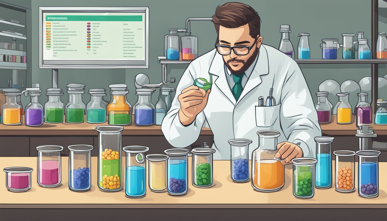 A laboratory table with beakers of adrenaline shock labeled with increasing serving sizes, a chart showing mental alertness and brain function levels, and a scientist observing the experiment