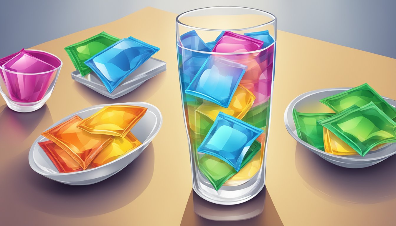 A table with multiple empty Crystal Light drink packets and a half-filled glass