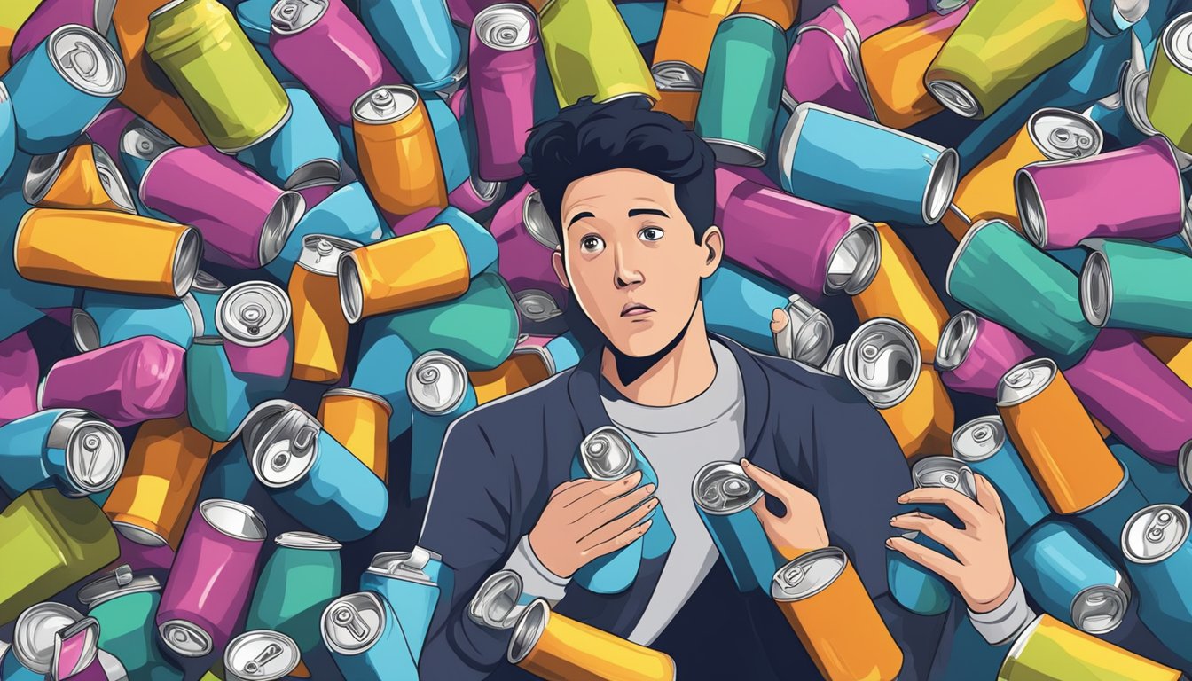 A person surrounded by empty adrenaline shock cans, with a worried expression and shaky hands