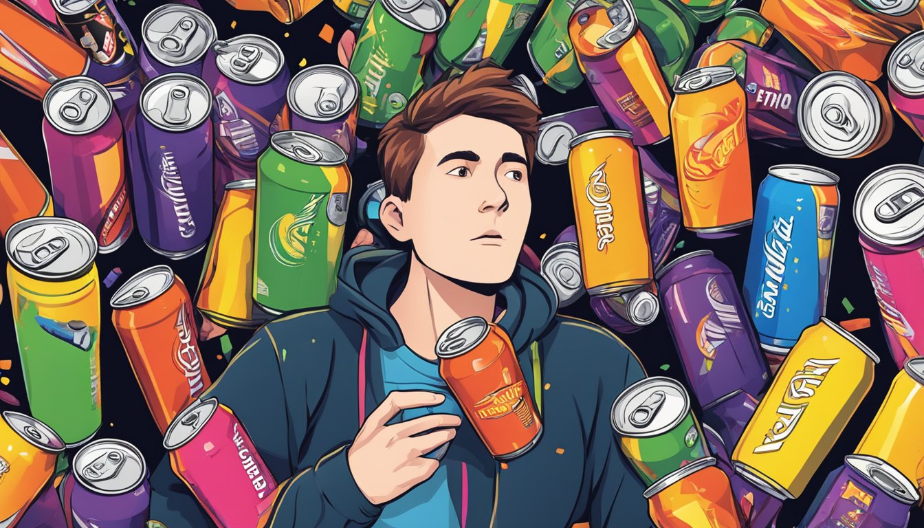 A person surrounded by energy drinks, with multiple cans scattered around, looking overwhelmed