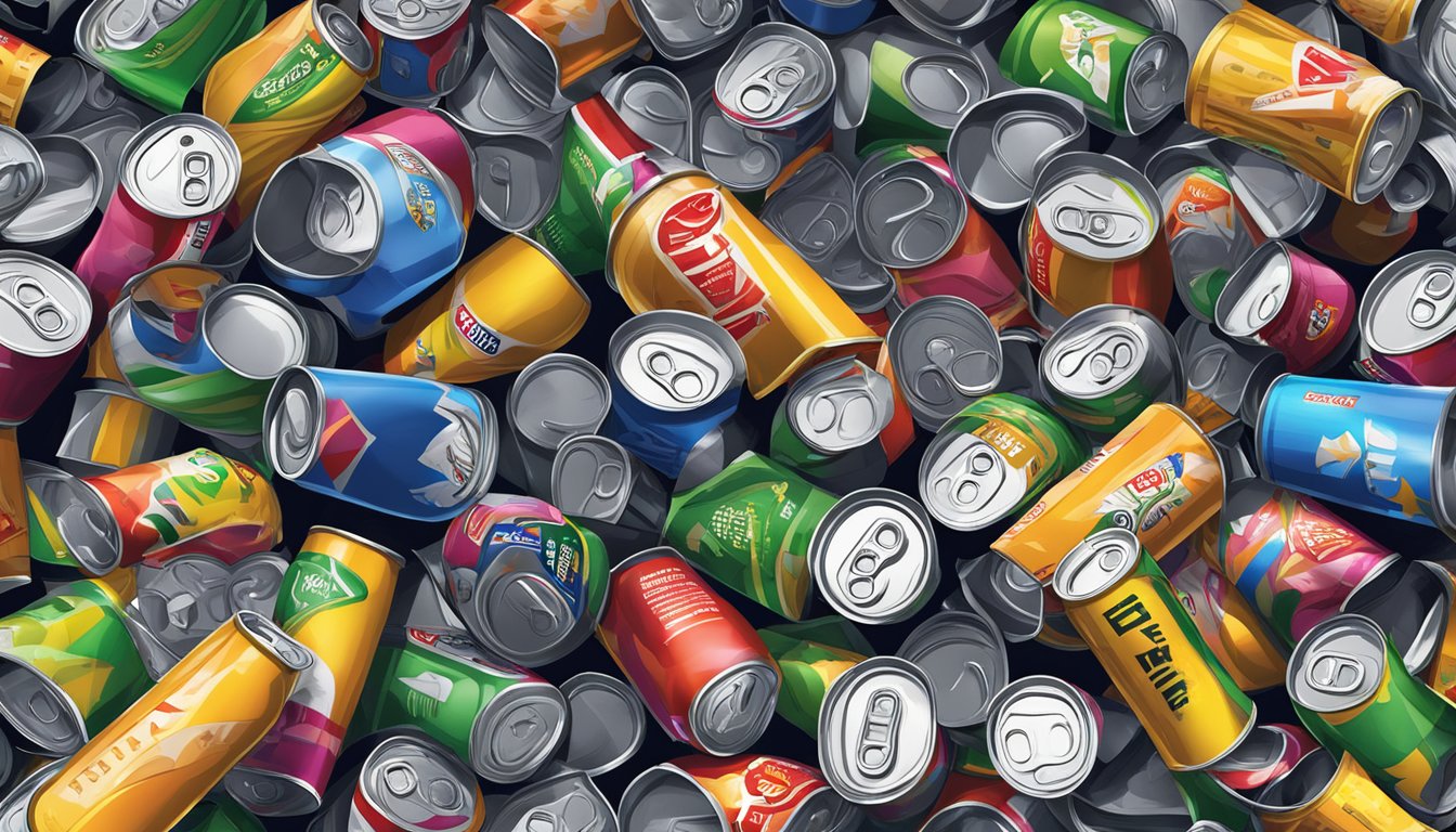 A mountain of empty energy drink cans, spilling out of a trash bin, surrounded by scattered bottles and a jittery, overstimulated pet