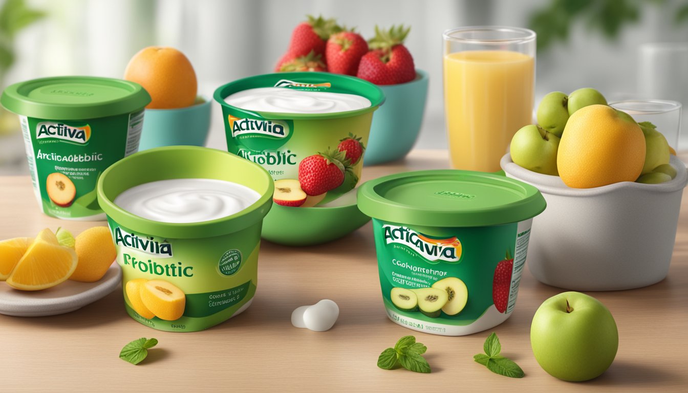 A table with multiple containers of Activia probiotic yogurt, some empty and some full, surrounded by various fruits and a measuring cup