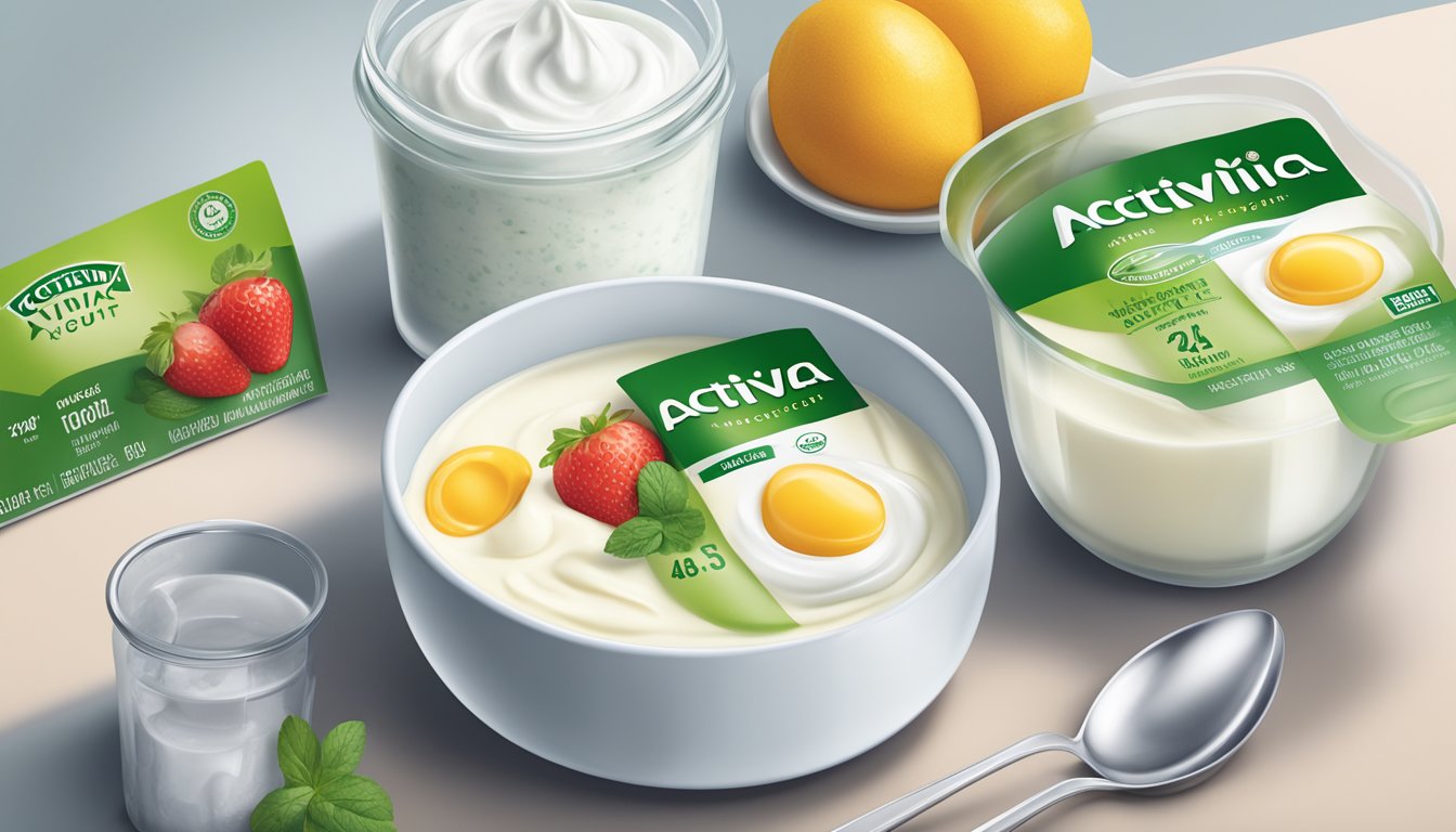 A table with various portions of Activia yogurt, a measuring cup, and a nutrition label