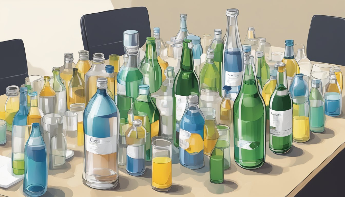 A table with multiple bottles of G Zero scattered around, some empty and others half-full. An empty glass sits next to them