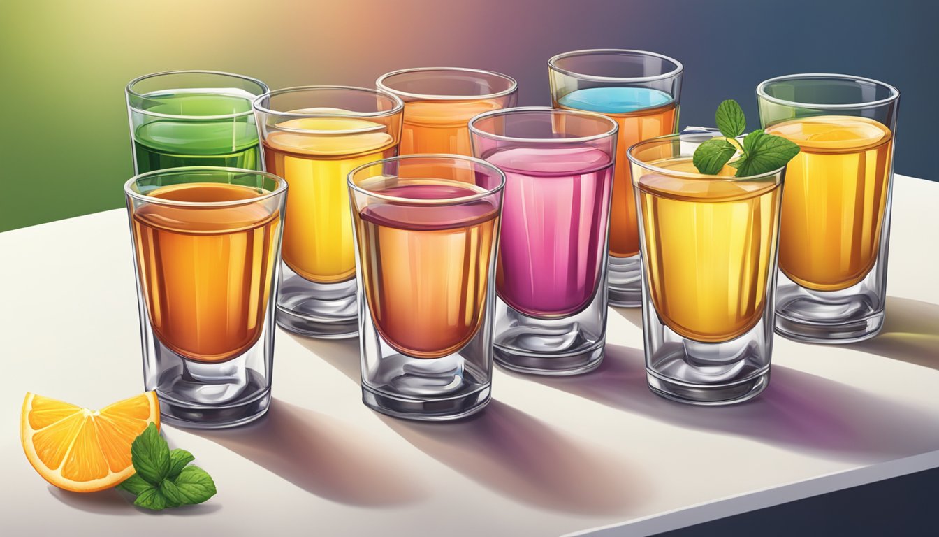 A table with multiple glasses of V8 juice, some overflowing