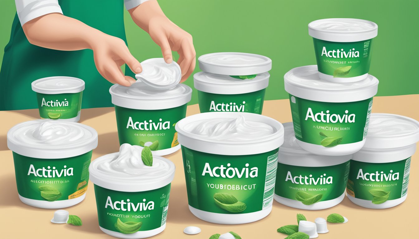 A table with multiple containers of Activia probiotic yogurt, some empty, some partially eaten, and a person holding one container, looking confused