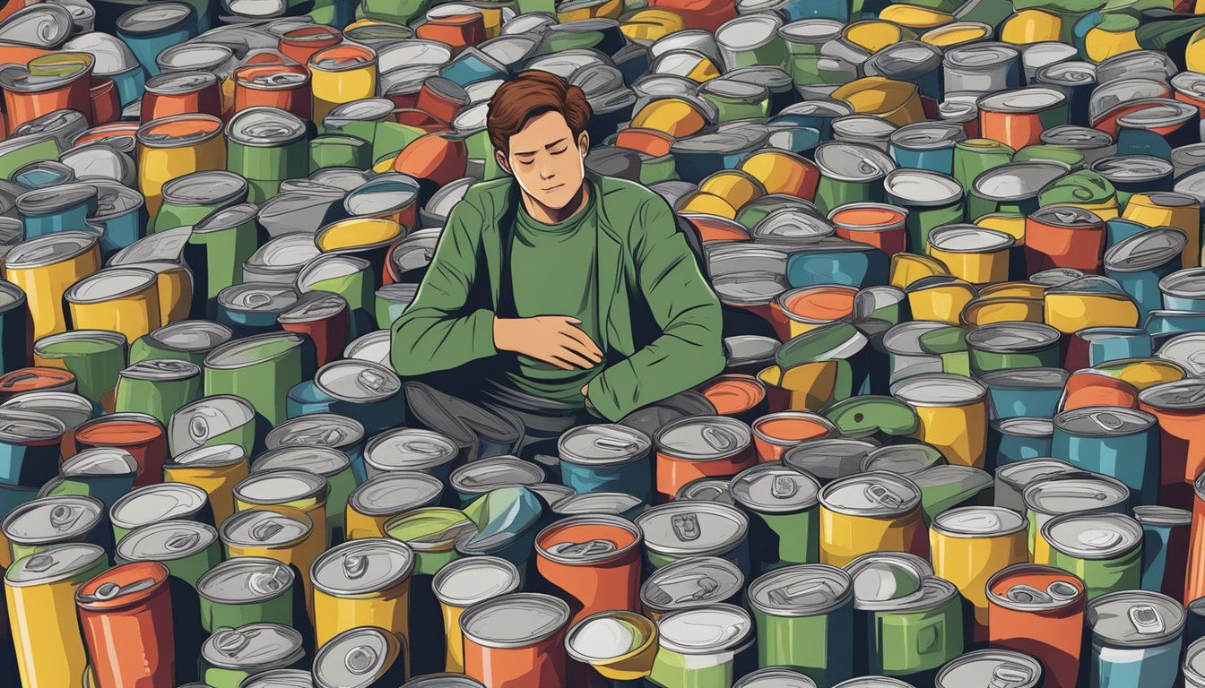 A person surrounded by multiple empty cans of G Zero, looking unwell