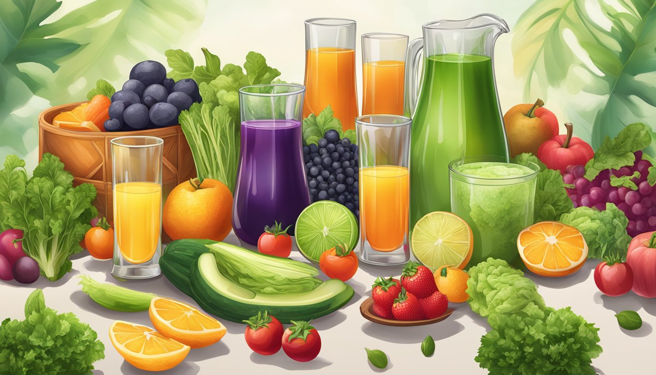 A table with multiple glasses of V8 juice, surrounded by various fresh vegetables and fruits