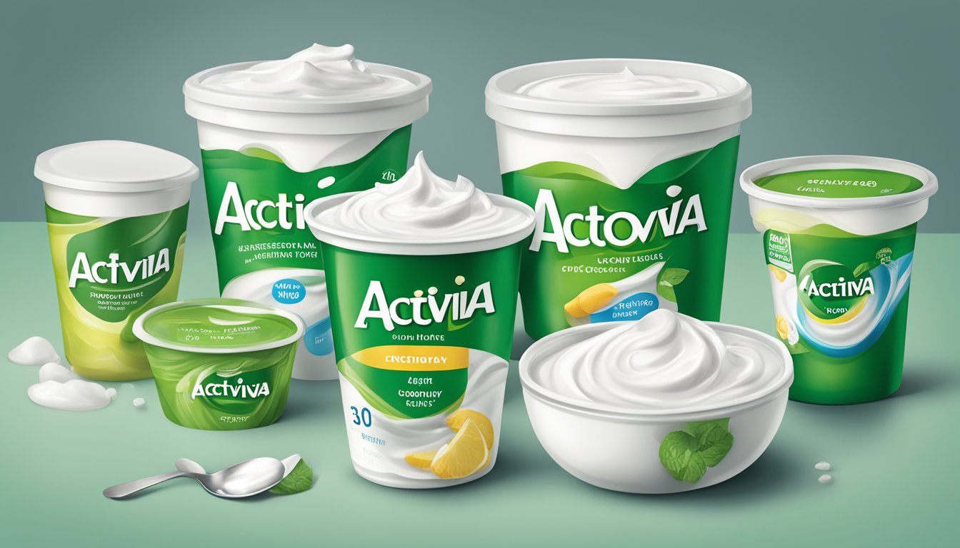 A table with various servings of Activia yogurt, ranging from a few to many, with a question mark hovering over the excessive amount