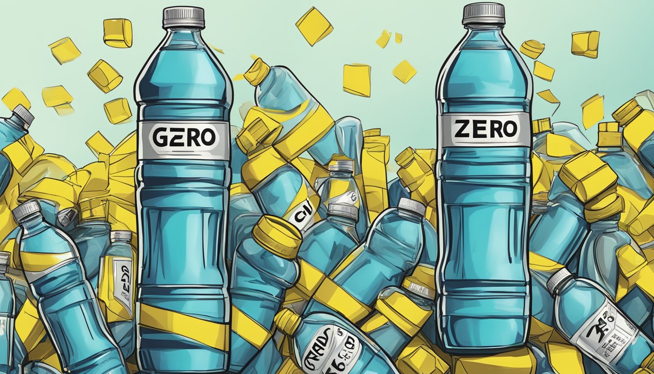 A towering stack of G Zero bottles, overflowing from a fridge, with caution tape wrapped around it