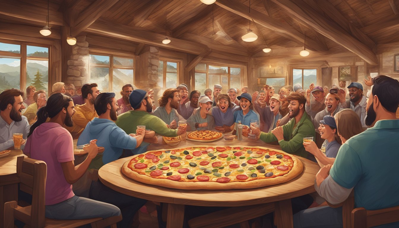 A large pizza with assorted toppings sits on a table, surrounded by a cheering crowd in a rustic Wyoming lodge