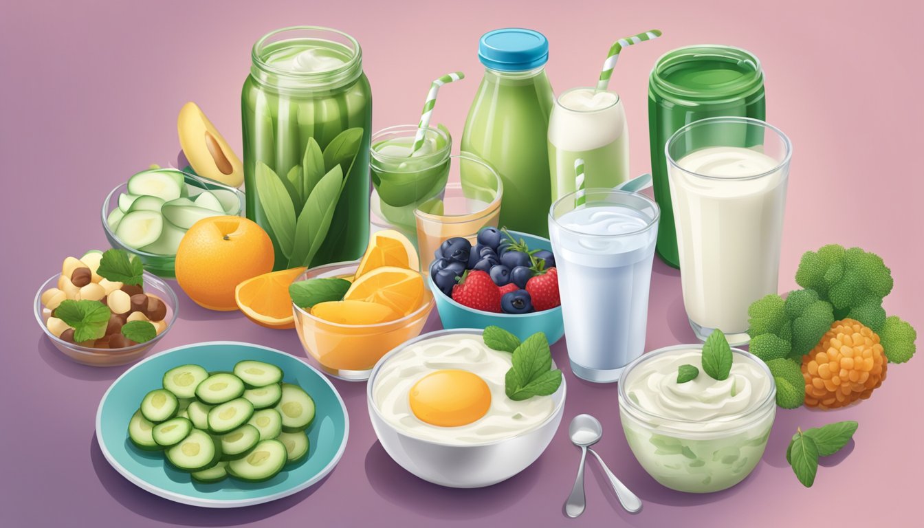 A table with various probiotic foods and drinks, including Activia yogurt