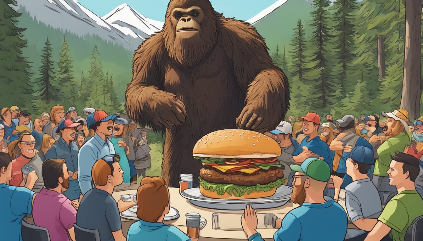 A towering Sasquatch Burger sits on a plate surrounded by cheering onlookers at Base Camp's Wisconsin food challenge