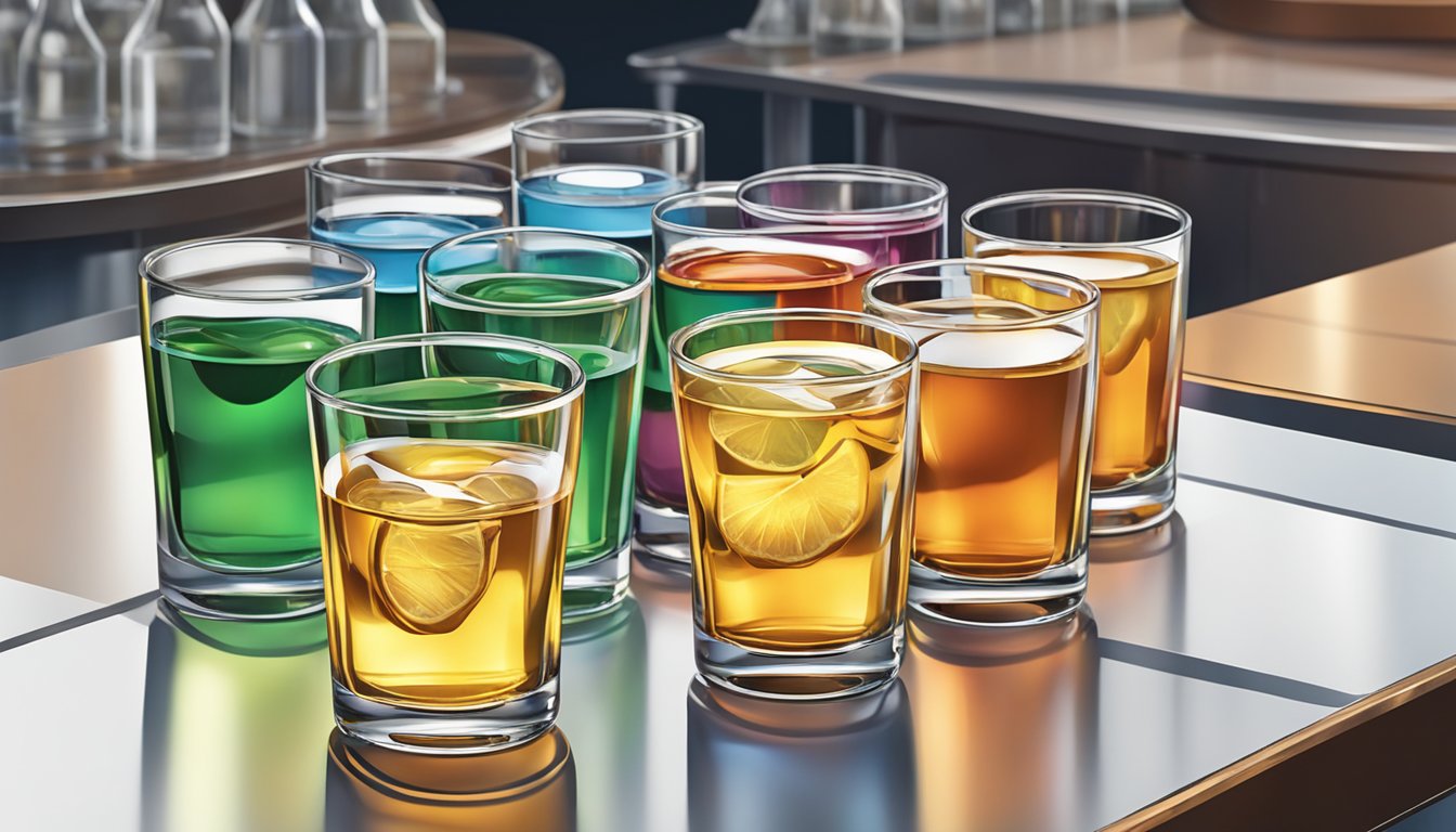 A table with multiple glasses of V8 lined up, some overflowing