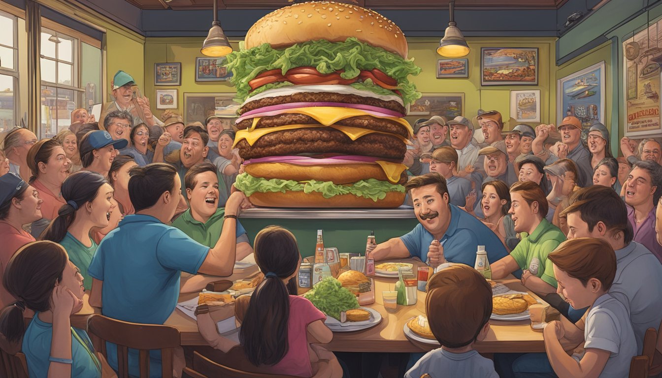 A towering Big Bad Bubba Burger looms over a crowded diner at Fat Patty's, surrounded by cheering onlookers and a daunting food challenge atmosphere