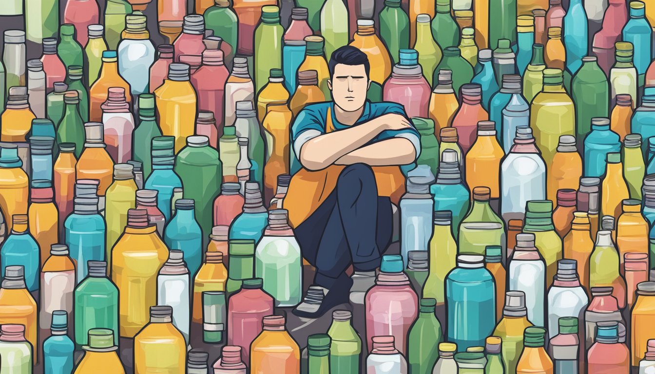 A person surrounded by multiple bottles of G Zero, appearing overwhelmed and unsure of how many servings is too much