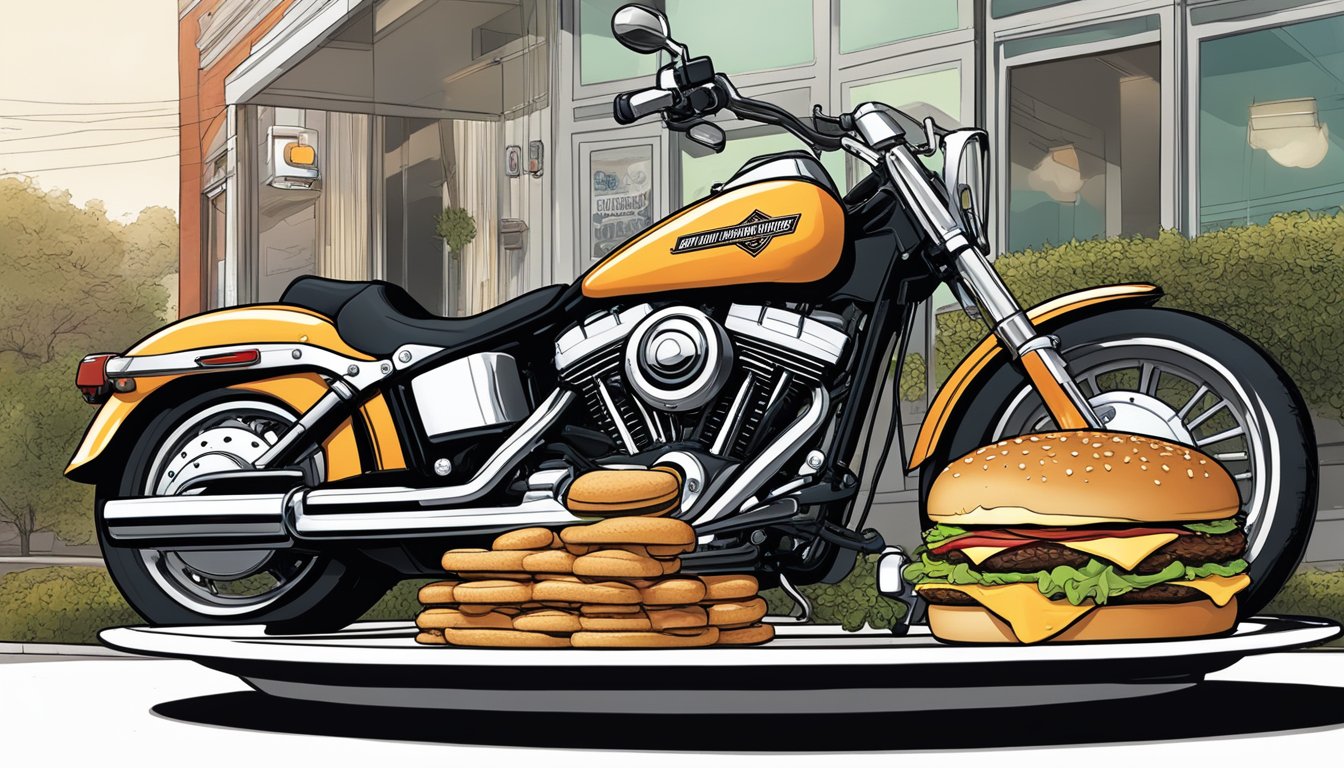 A Harley-Davidson motorcycle parked outside a Wisconsin restaurant, with a towering burger challenge on a plate next to it