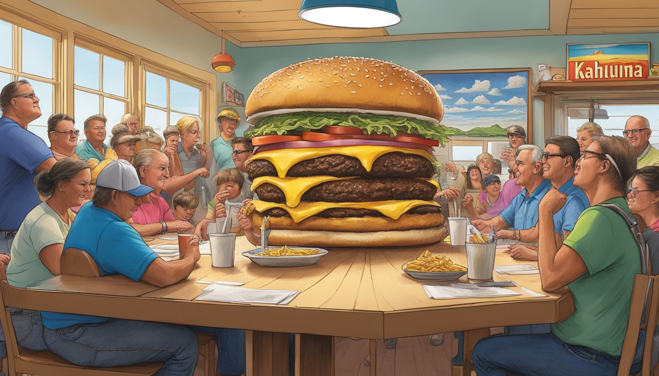 A towering Big Kahuna burger sits on a table at Deb B's in Douglas, Wyoming, surrounded by onlookers and challengers ready to take on the massive food challenge