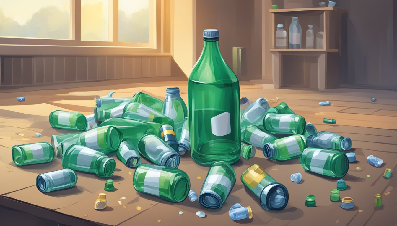 A table with multiple empty G Zero bottles scattered around, some spilled on the floor. An overflowing trash can filled with more empty bottles