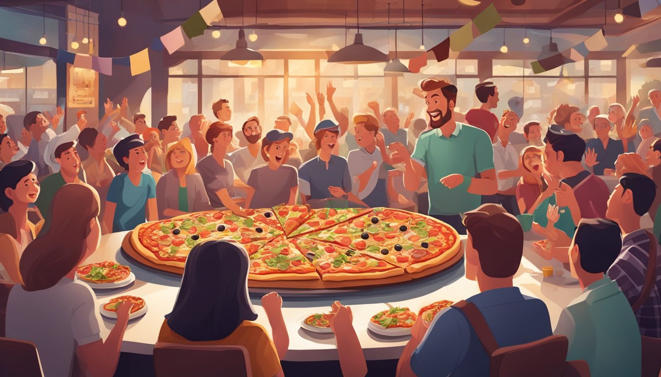 A massive pizza with a variety of toppings sits on a table in a bustling restaurant, surrounded by cheering onlookers