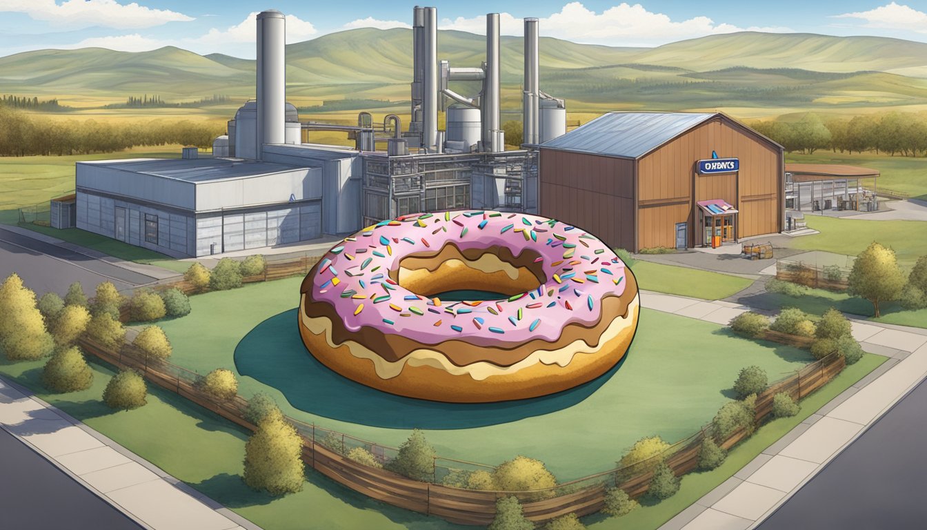 A towering donut sculpture surrounded by a factory setting with Wyoming's scenic landscape in the background