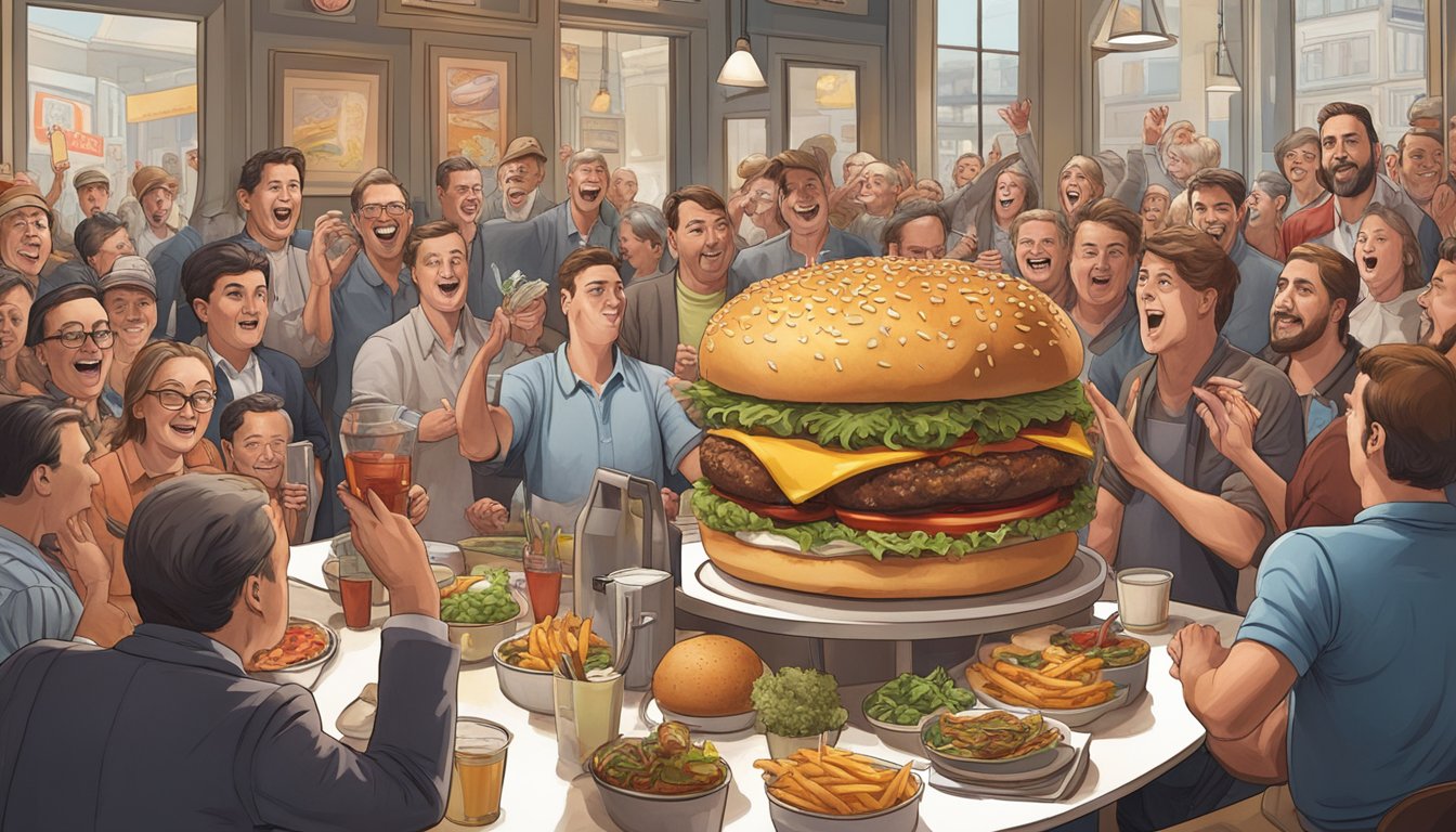 A towering burger surrounded by cheering onlookers in a bustling restaurant