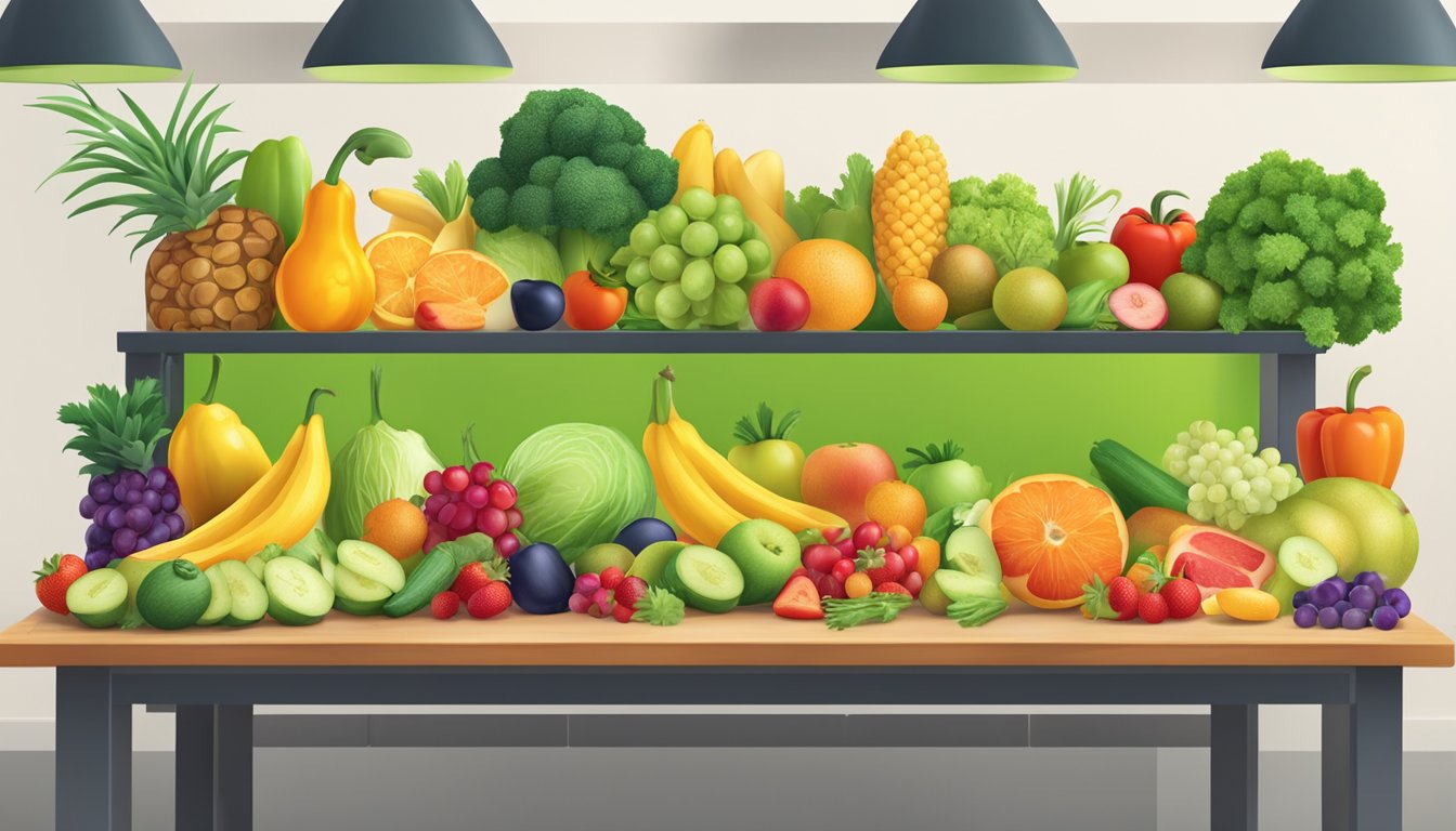 A table with various Zone Perfect bars arranged in a neat row, surrounded by colorful fruits and vegetables