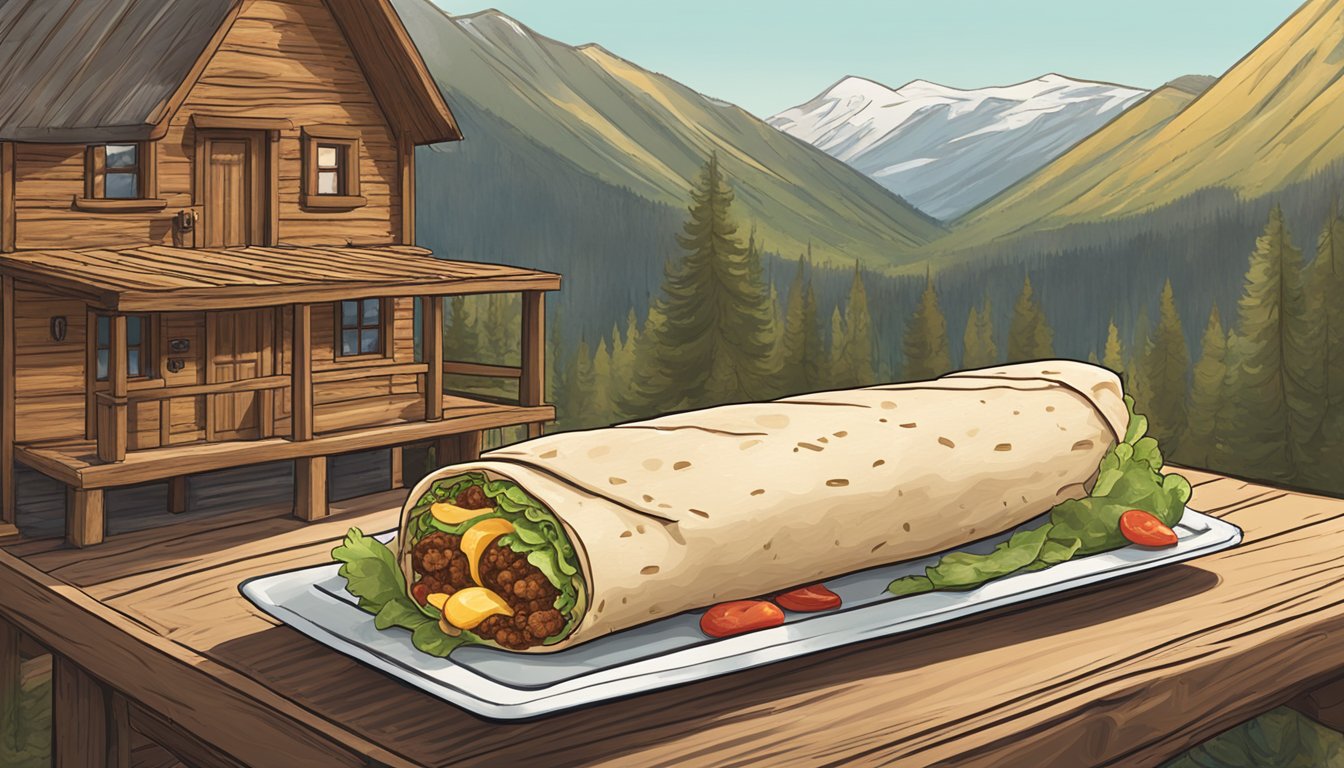 A massive burrito on a rustic table, surrounded by a mountainous backdrop and a cozy cabin in Wyoming