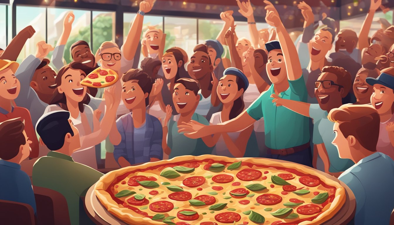 A massive pizza with various toppings sits atop a table surrounded by cheering spectators in a lively restaurant setting