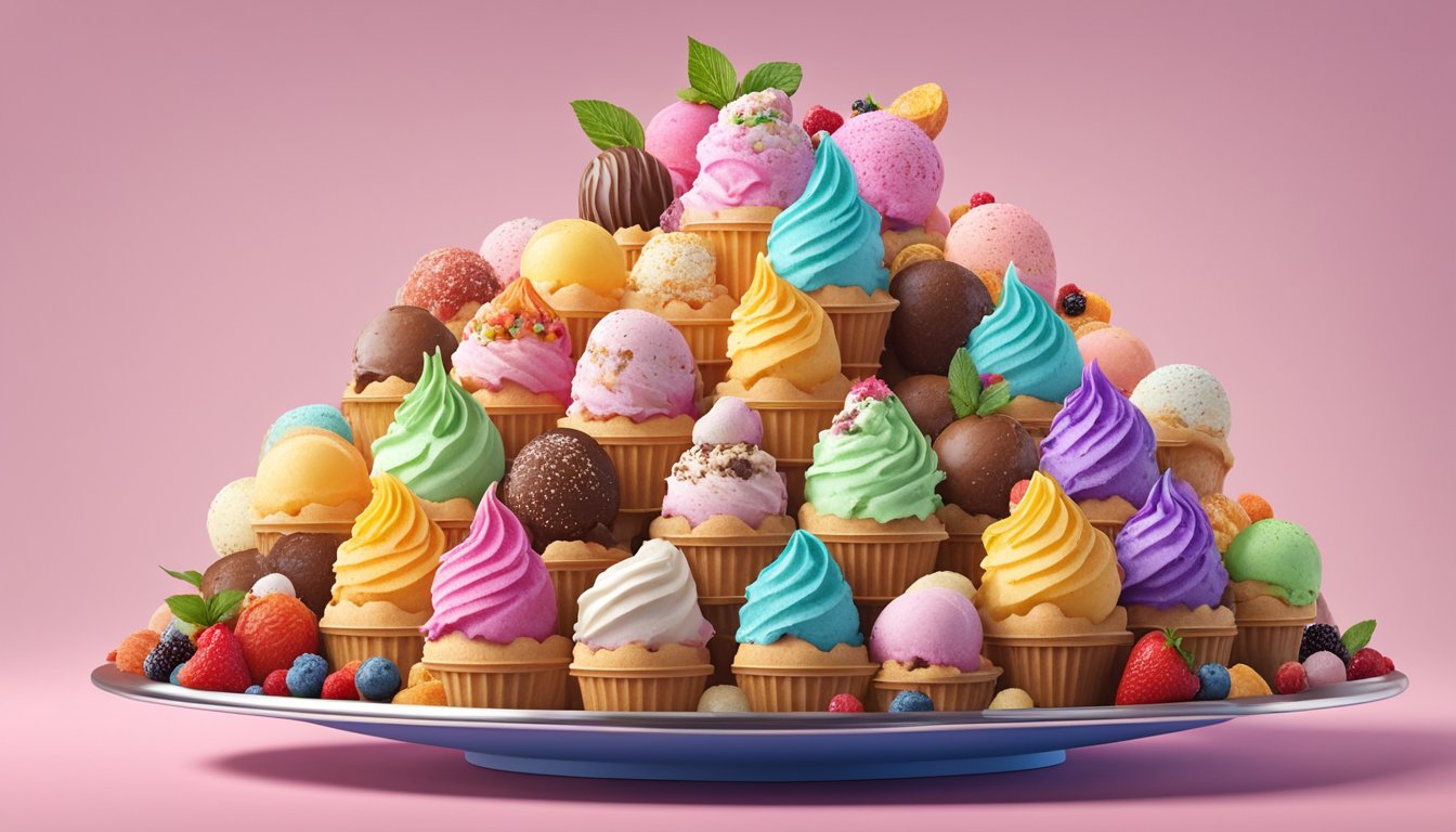 A towering mountain of colorful ice cream scoops, topped with a variety of decadent toppings, sits on a massive platter