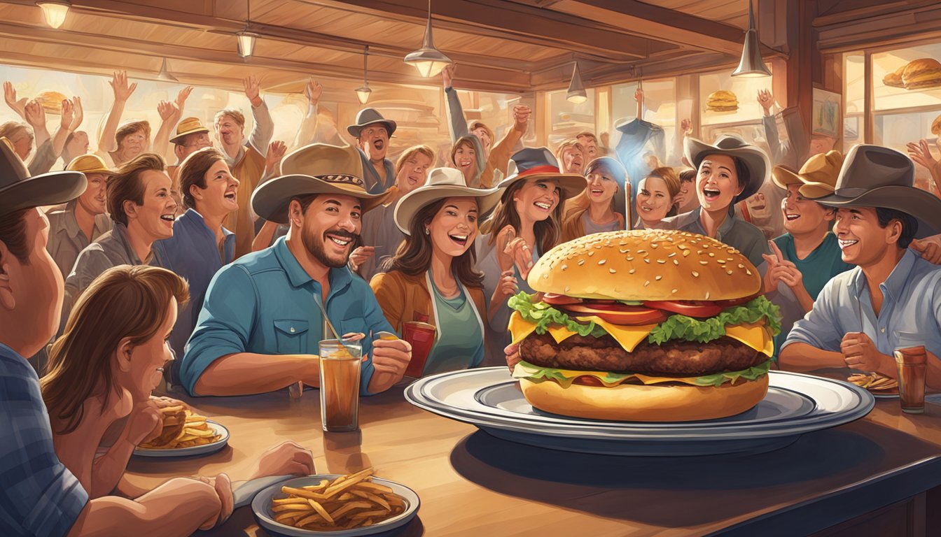 A towering burger surrounded by cheering spectators in a western-themed restaurant