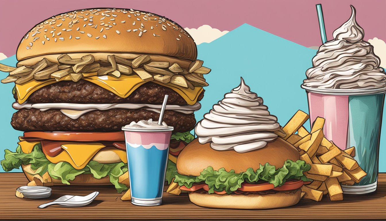 A towering burger, mountain of fries, and colossal milkshake on a table at Route 60 American Grill