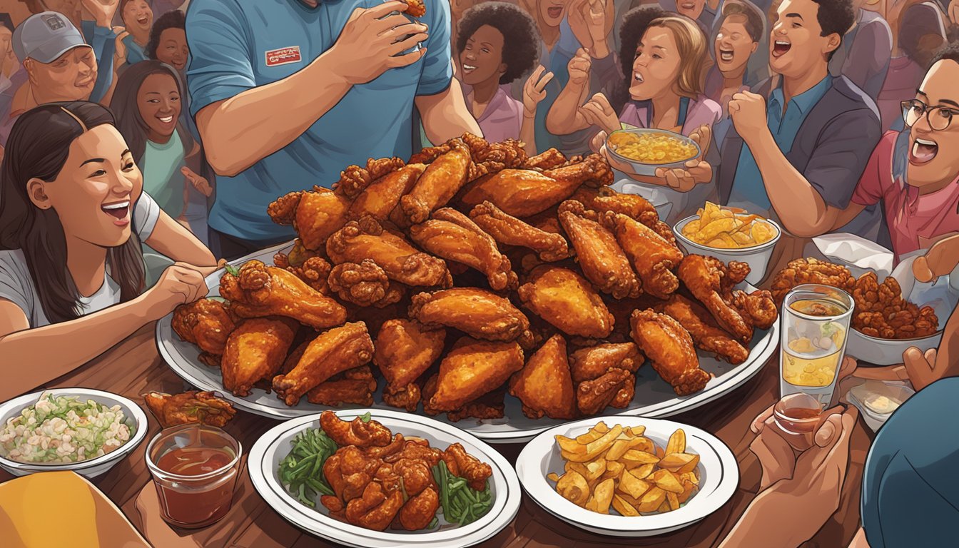 A table piled high with spicy chicken wings, surrounded by cheering spectators in a bustling Wisconsin restaurant