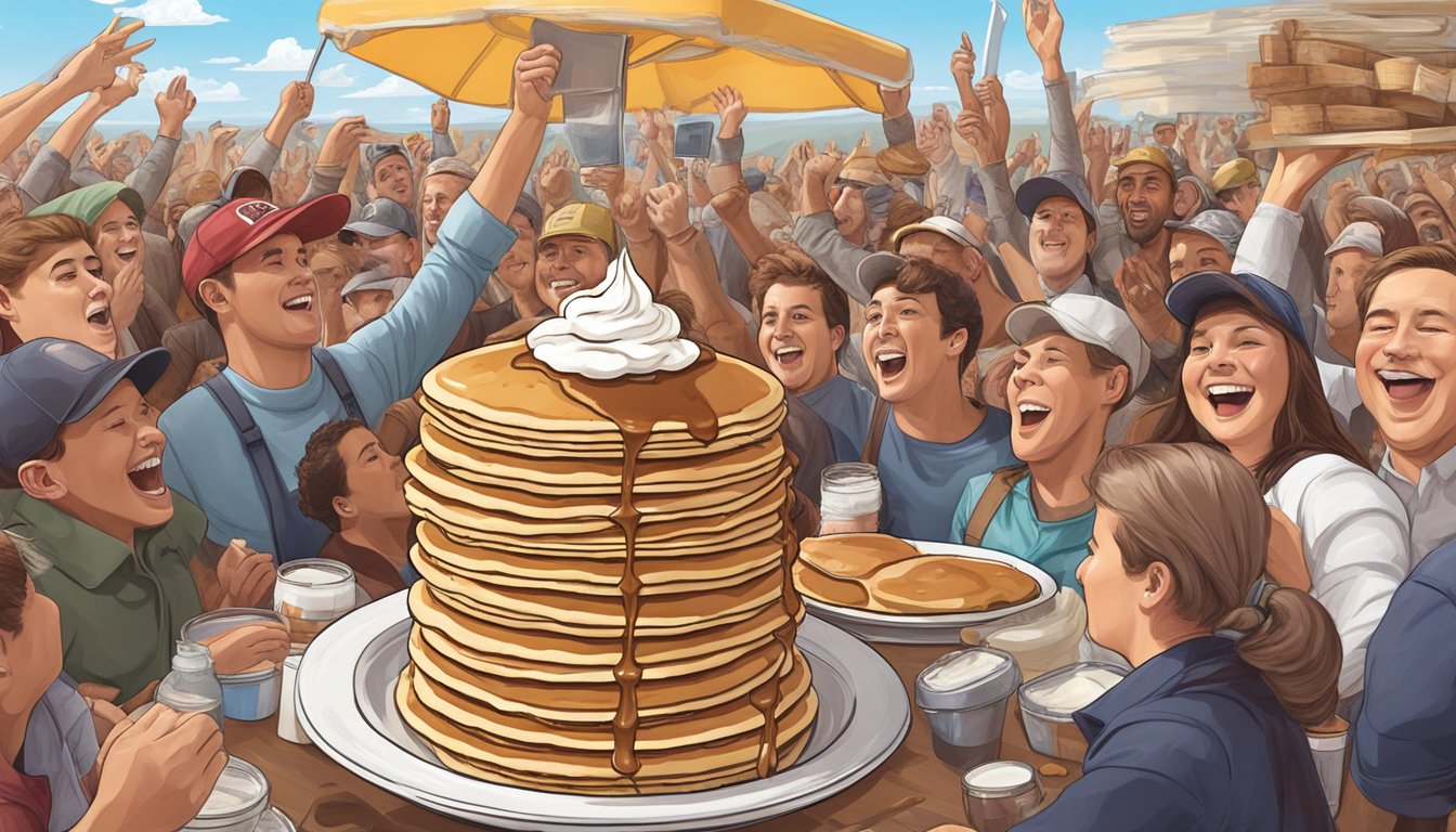 A towering stack of oversized pancakes topped with syrup and whipped cream, surrounded by a cheering crowd at The Bread Basket in Wyoming