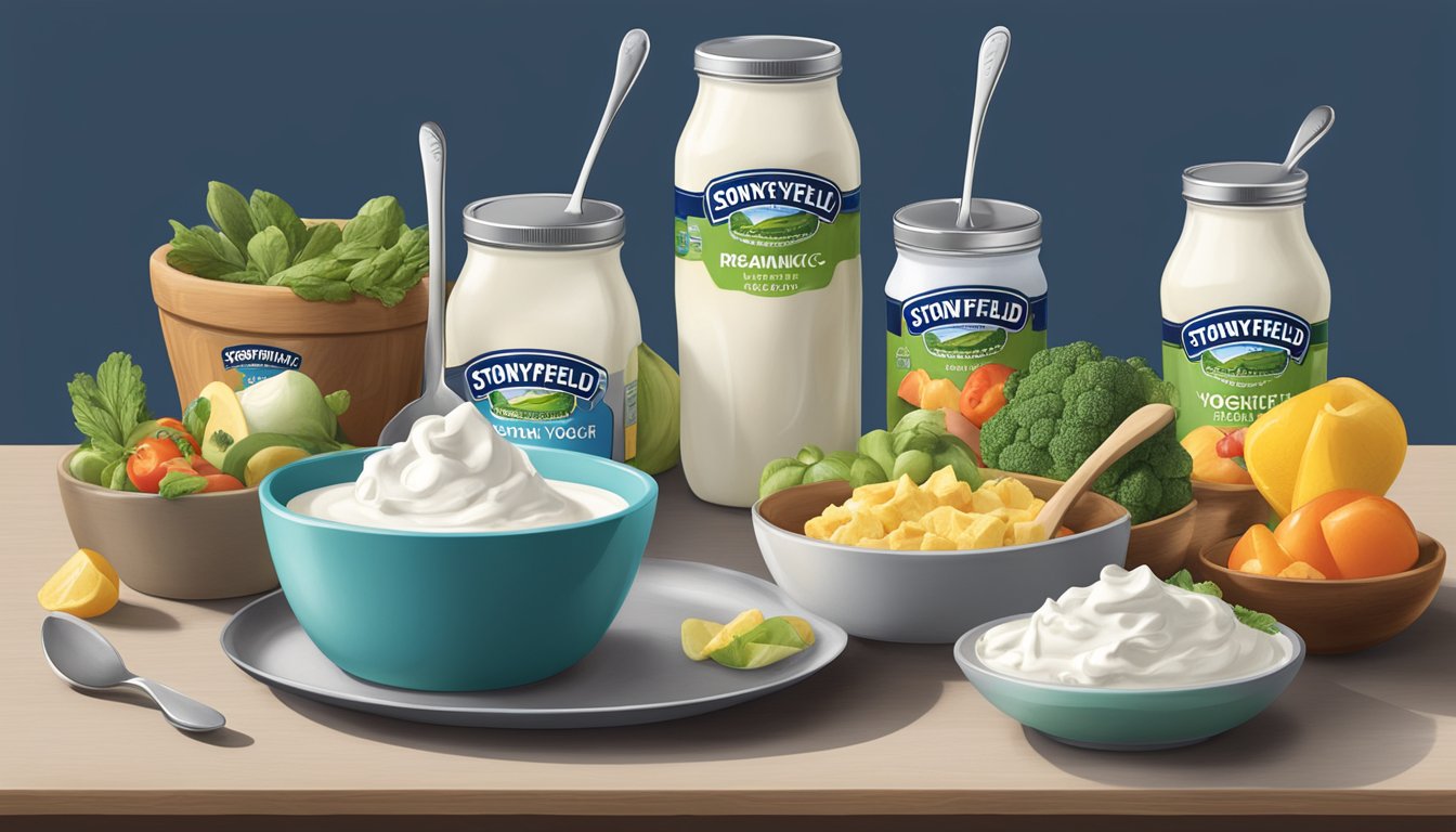 A table with various food items, including containers of Stonyfield organic yogurt, surrounded by measuring cups and spoons