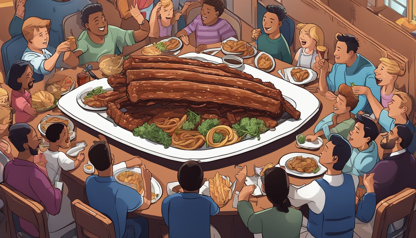 A crowded restaurant with a large sign reading "Rib Challenge" and people cheering as a contestant attempts to eat a massive plate of ribs