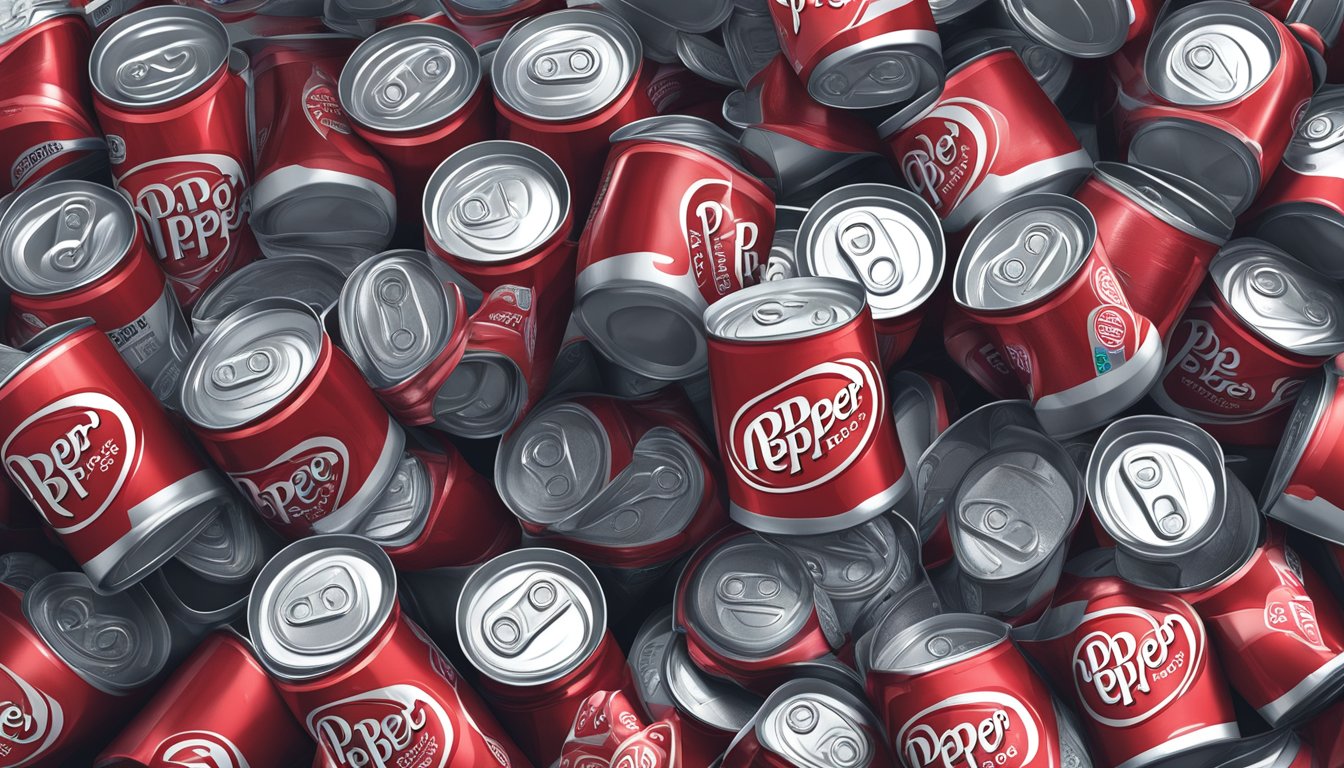 A stack of empty Dr Pepper Zero Sugar cans, overflowing from a trash bin, with a warning label in the background