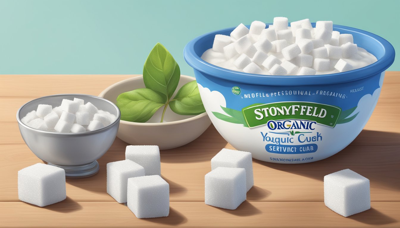 A bowl of Stonyfield organic yogurt overflowing with sugar cubes, with a measuring cup indicating multiple servings