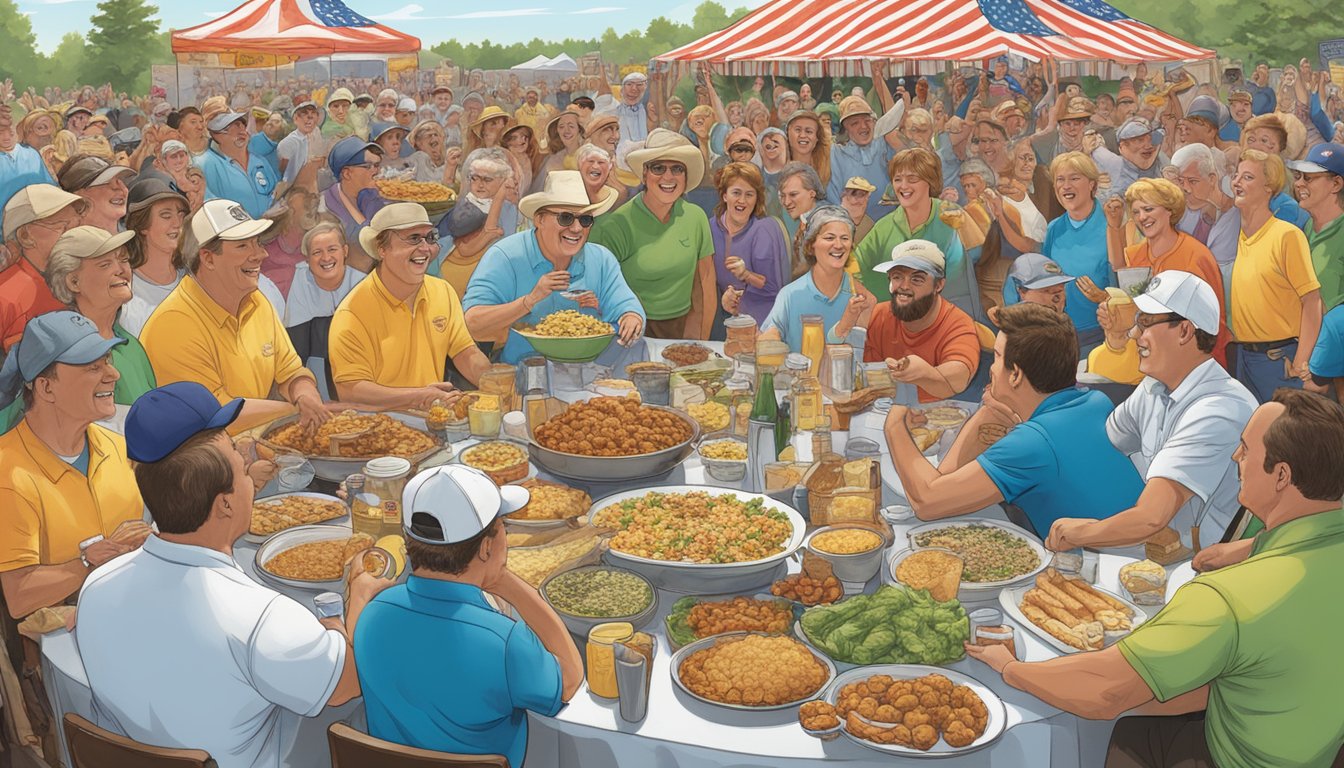 A table filled with iconic Wyoming foods, surrounded by eager participants and cheering spectators