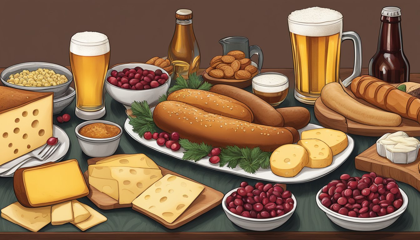 A table filled with iconic Wisconsin food ingredients: cheese, bratwurst, cranberries, and beer